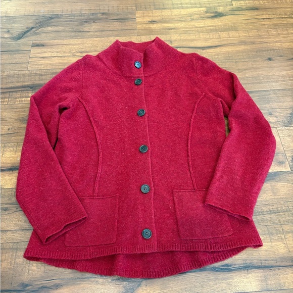 Eileen Fisher Cardigan Sweater Women’s Size M 100% Wool Red Button Jacket Coat - Picture 1 of 8